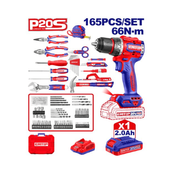 Combo EMTOP Jgo. 165 Piezas + Taladro 66Nm 20V